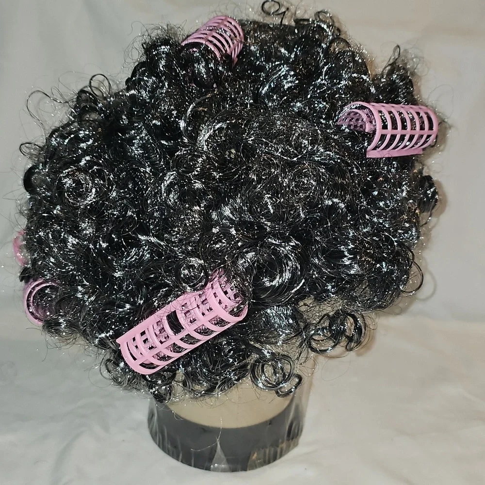Curly Black (gray) Wig with Pink Hair Rollers, Eyeglasses, Necklace NWOT - Picture 3 of 15